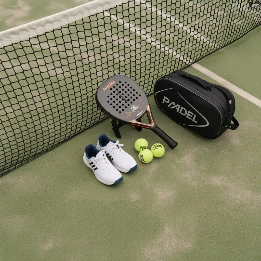 Complete padel equipment for beginners laid out on a court
