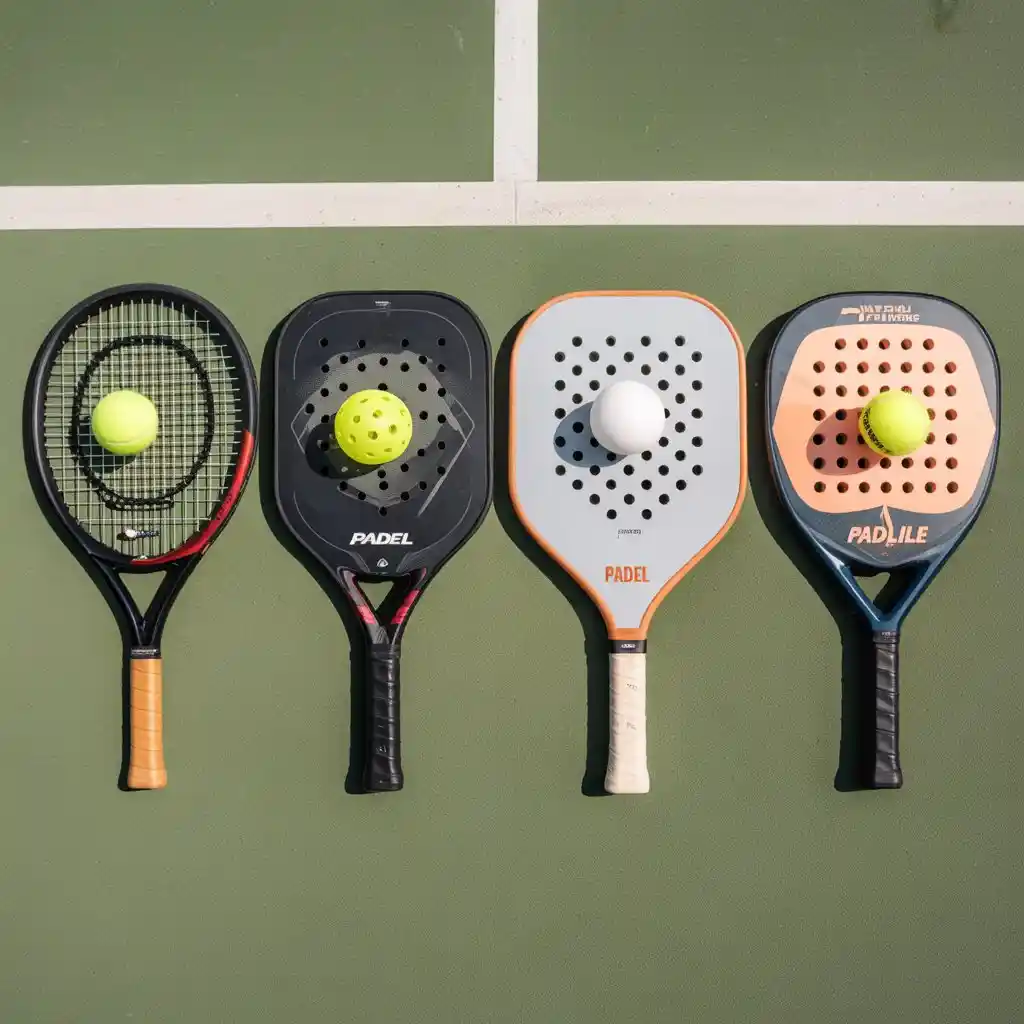 Padel, tennis, pickleball and paddle tennis rackets side by side comparison