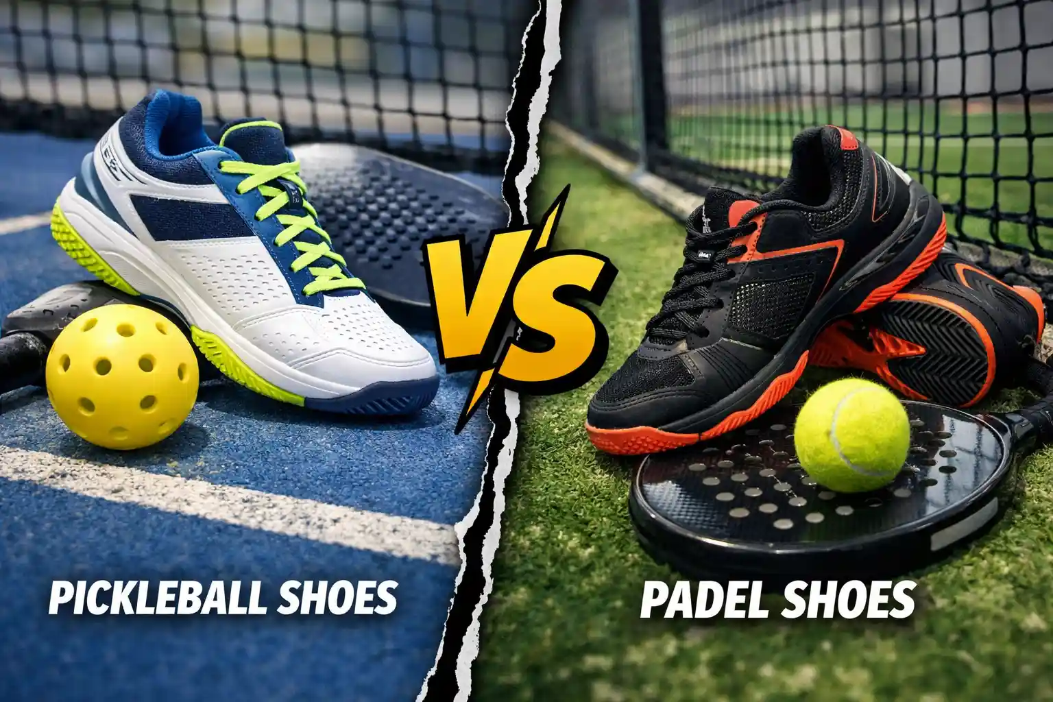 Pickleball and padel shoes side by side on a court